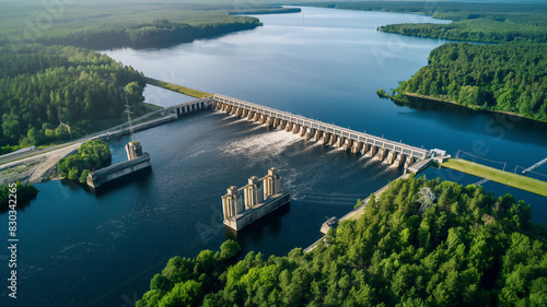 Aerial view of a large hydroelectric dam with surrounding lush forests and a serene river landscape.