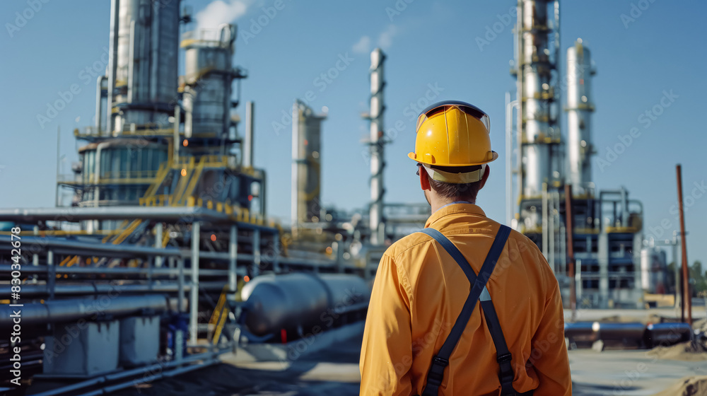 A man in an orange hard hat stands in front of a large industrial plant. Concept of industrial activity and the importance of safety in such environments A man in an orange hard hat stands in front of a large industrial plant. Concept of industrial activity and the importance of safety in such environments