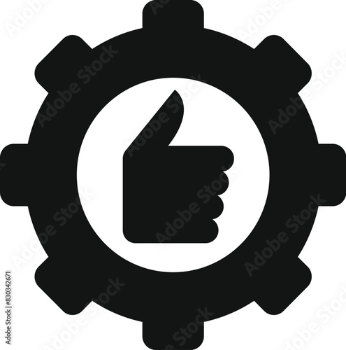 Bold silhouette of a gear with a thumbsup sign in the center