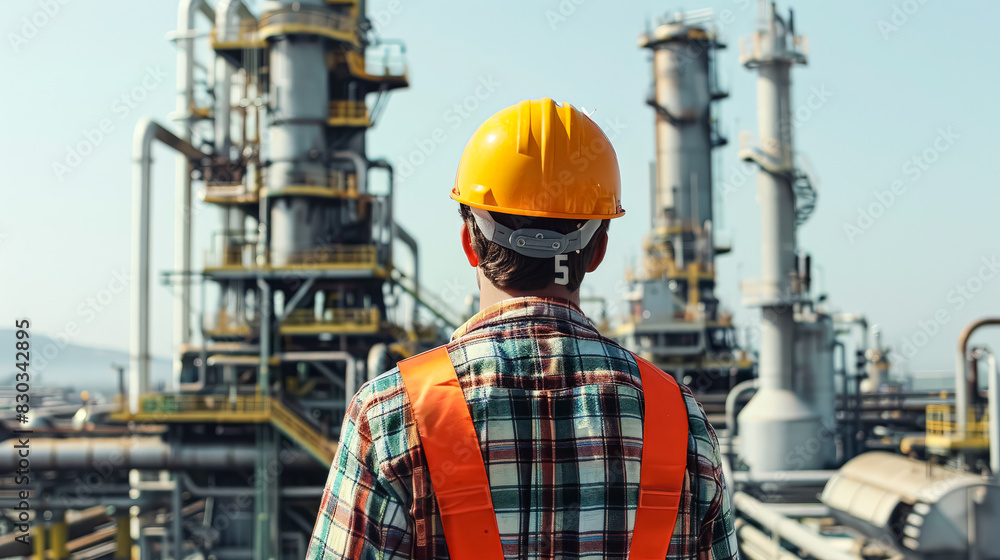 A man in an orange hard hat stands in front of a large industrial plant. Concept of industrial activity and the importance of safety in such environments A man in an orange hard hat stands in front of a large industrial plant. Concept of industrial activity and the importance of safety in such environments