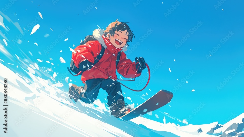 In the winter a joyful young boy dashes through the snow gleefully pulling his sled behind him