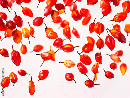 photography of GOJI BERRIES falling from the sky, hyperpop colour scheme. glossy, white background dried Chinese wolfberries isolated on white background, top view