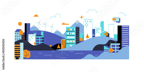 City landscape with buildings, hills and trees.