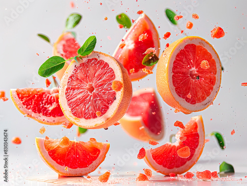 photography of GRAPEFRUIT falling from the sky, hyperpop colour scheme. glossy, white background Fresh grapefruit pieces and green leaves falling on white background