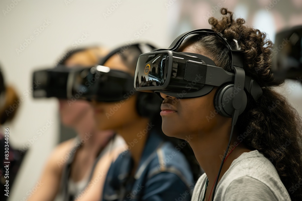 A group of people, wearing virtual reality headsets, immersed in virtual experiences. A group of people, wearing virtual reality headsets, immersed in virtual experiences.