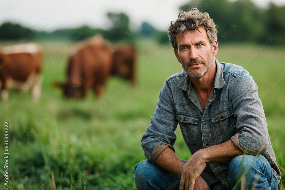 Middle-aged man squatting in a field with cows in the background. Middle-aged man squatting in a field with cows in the background.