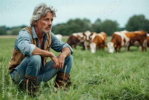 A middleaged man in jeans squatting amidst a field of cows. photo