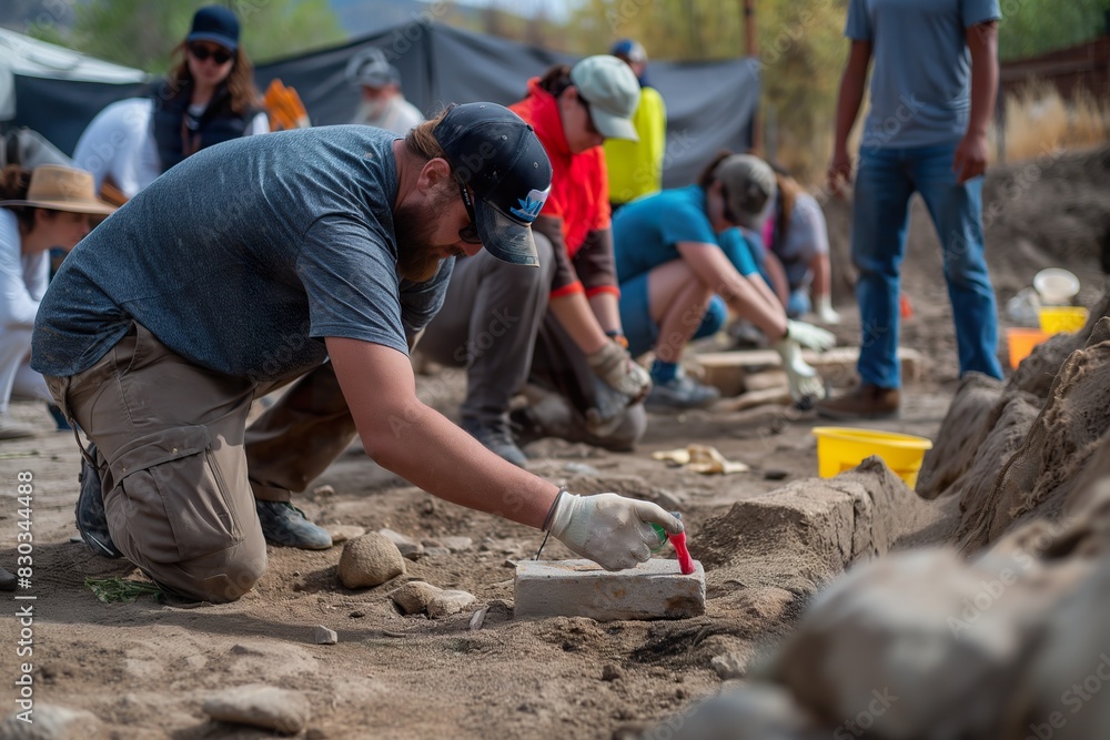 A team of archaeologists and workers are digging in the dirt at an archaeological site. A team of archaeologists and workers are digging in the dirt at an archaeological site.