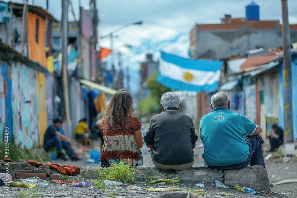Fototapeta premium A diverse group of individuals sit atop a historic stone bench, against the backdrop of the Argentinean flag.