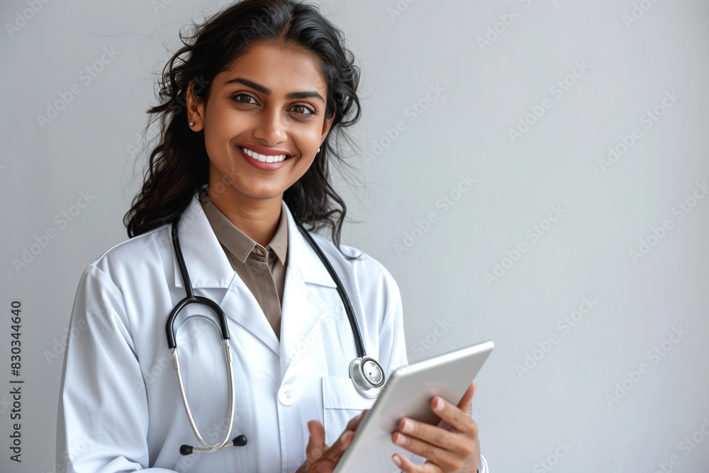 Confident Female Doctor Holding Tablet in Modern Medical Office During Daytime Confident Female Doctor Holding Tablet in Modern Medical Office During Daytime