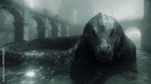  a towering, monstrous reptilian beast emerges from the fog-shrouded waters beneath an ancient stone bridge in an eerie urban setting