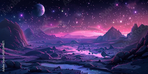 Alien planet landscape with rocky surface and lake. Vector cartoon illustration of pink and purple space background, stars shimmering in night sky, water puddles and stones in martian desert, cosmos   photo