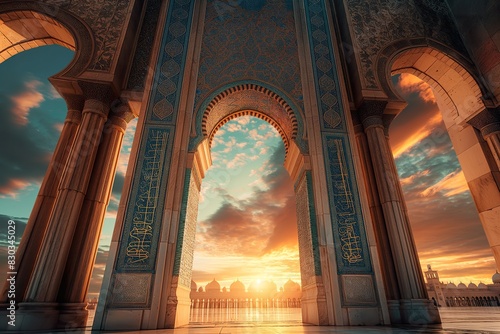 The sun is setting in a dramatic golden hour behind a magnificent, large arch of Islamic beautiful architecture.