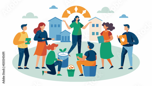 In a town hall meeting residents sit in a circular formation as they take turns speaking to voice their opinions on a new waste management system. The facilitator notes down each. Vector illustration