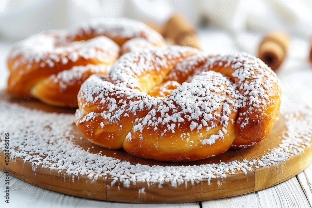 Freshly baked pretzels covered in powdered sugar, perfect for a sweet treat during festive seasons or as a delightful snack Freshly baked pretzels covered in powdered sugar, perfect for a sweet treat during festive seasons or as a delightful snack