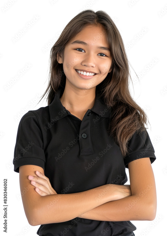 Teenage Asian female employee wearing black polo t-shirt as job uniform, posing with arms crossed and smiling over isolated transparent background Teenage Asian female employee wearing black polo t-shirt as job uniform, posing with arms crossed and smiling over isolated transparent background