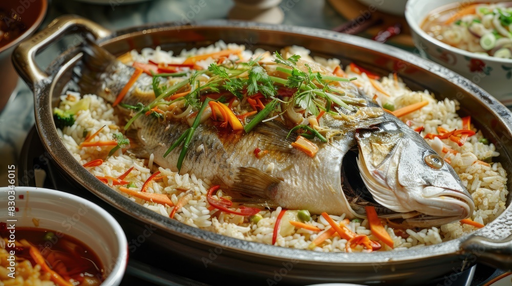 Chinese traditional banquet food rice cooked with yellow croaker Chinese traditional banquet food rice cooked with yellow croaker