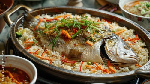 Chinese traditional banquet food rice cooked with yellow croaker
