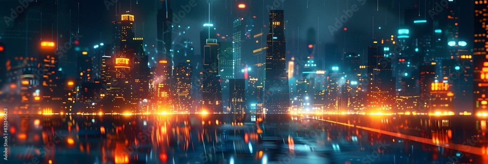 Futuristic city technology with digital glowing light reflection, smart modern mega city, neon technology background, Night life Smart futuristic city big data technology concept.