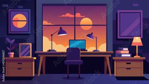 As the day turns to evening the room is filled with the warm glow of desk lamps and the soft glow of laptops.. Vector illustration
