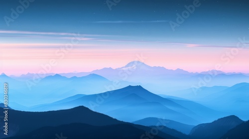 A breathtaking mountain landscape at dawn, layers of rolling hills and forested mountains in the foreground creating a sense of depth, leading up to a prominent