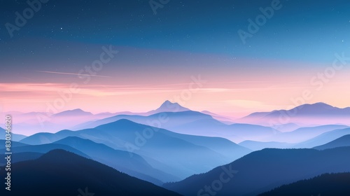 A breathtaking mountain landscape at dawn, layers of rolling hills and forested mountains in the foreground creating a sense of depth, leading up to a prominent © DWN Media