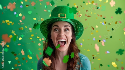 Woman celebrating St. Patrick's Day with joy. She is smiling and wearing a green hat. The atmosphere is festive with confetti falling around her. Fun and happiness. AI photo