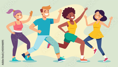 A group of friends trying out a new dance fitness class laughing and having fun while also getting a good workout in.. Vector illustration