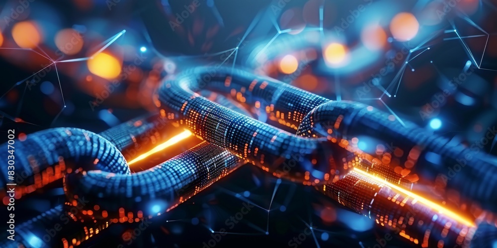 A closeup of a digital chain, with each link connected by glowing lines symbolizing data transfer and security in the background of dark blue and black colors. A closeup of a digital chain, with each link connected by glowing lines symbolizing data transfer and security in the background of dark blue and black colors.