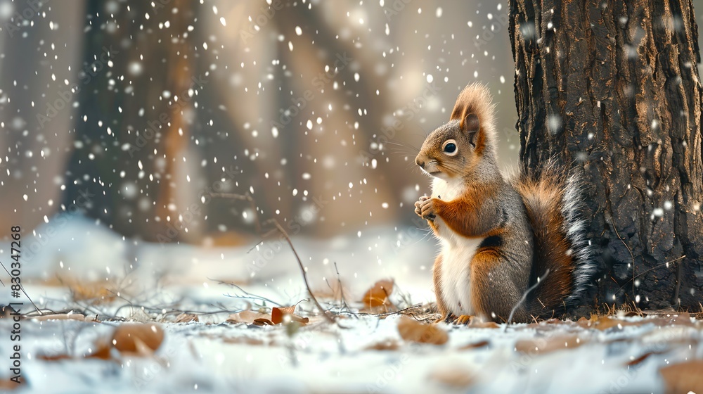 Cute squirrel in snowy forest. The squirrel is holding a nut. Winter scene with falling snow. Digital art illustration for calendars and greeting cards. AI Cute squirrel in snowy forest. The squirrel is holding a nut. Winter scene with falling snow. Digital art illustration for calendars and greeting cards. AI