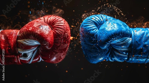 Two boxing gloves in red and blue make contact with intense lighting and dramatic particles, emphasizing the fight © familymedia