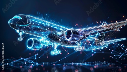 A digital rendering of an airplane flying in the air, with blue and white wireframe lines representing its flight path.