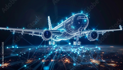 A digital rendering of an airplane flying in the air, with blue and white wireframe lines representing its flight path.