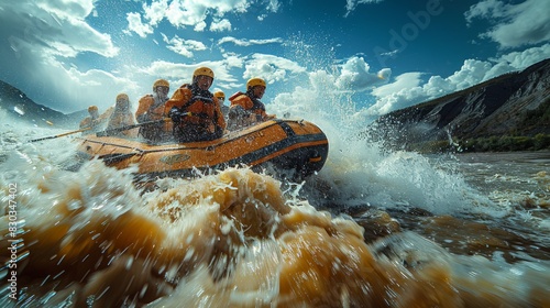 A dynamic group of people white water rafting in rough river conditions, caught in an action-packed moment