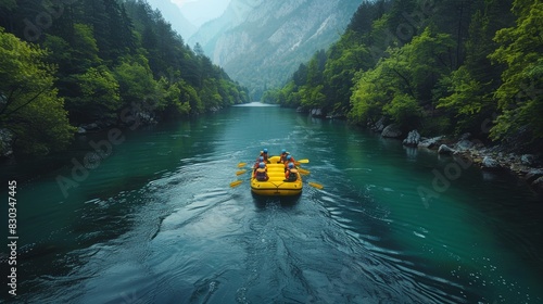A group of individuals in a yellow raft paddle through a serene river flanked by lush green trees © familymedia
