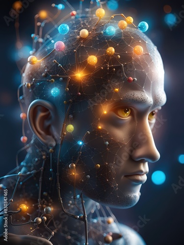 Neural network, cyber robot head, 3d render illustration.