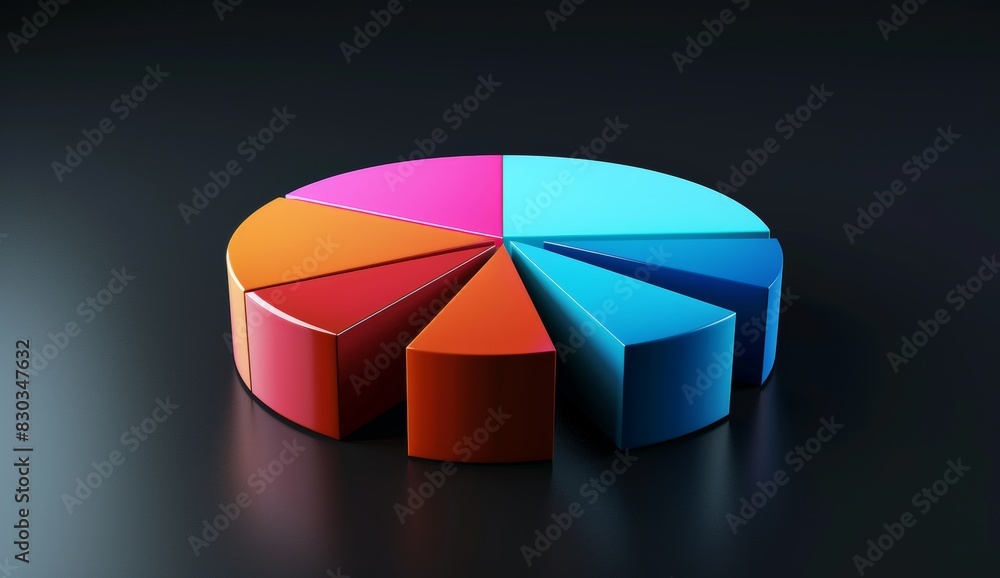 3D pie chart with colorful sections on a black background, detailed illustration in the style of high resolution photography 3D pie chart with colorful sections on a black background, detailed illustration in the style of high resolution photography
