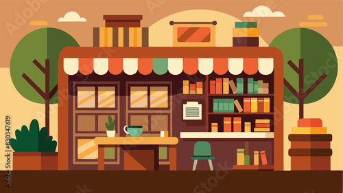 A warm and cozy coffee shop with shelves of books lining the walls doubling as a community book exchange where customers can leave and pick up new reading material.. Vector illustration