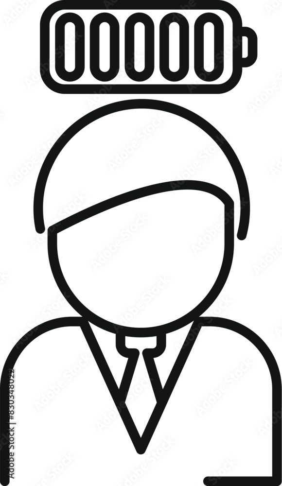 Battery head concept icon representing the mental state, energy level, and cognitive capacity of a person, in a minimalist, editable vector illustration with a symbolic, linear design Battery head concept icon representing the mental state, energy level, and cognitive capacity of a person, in a minimalist, editable vector illustration with a symbolic, linear design