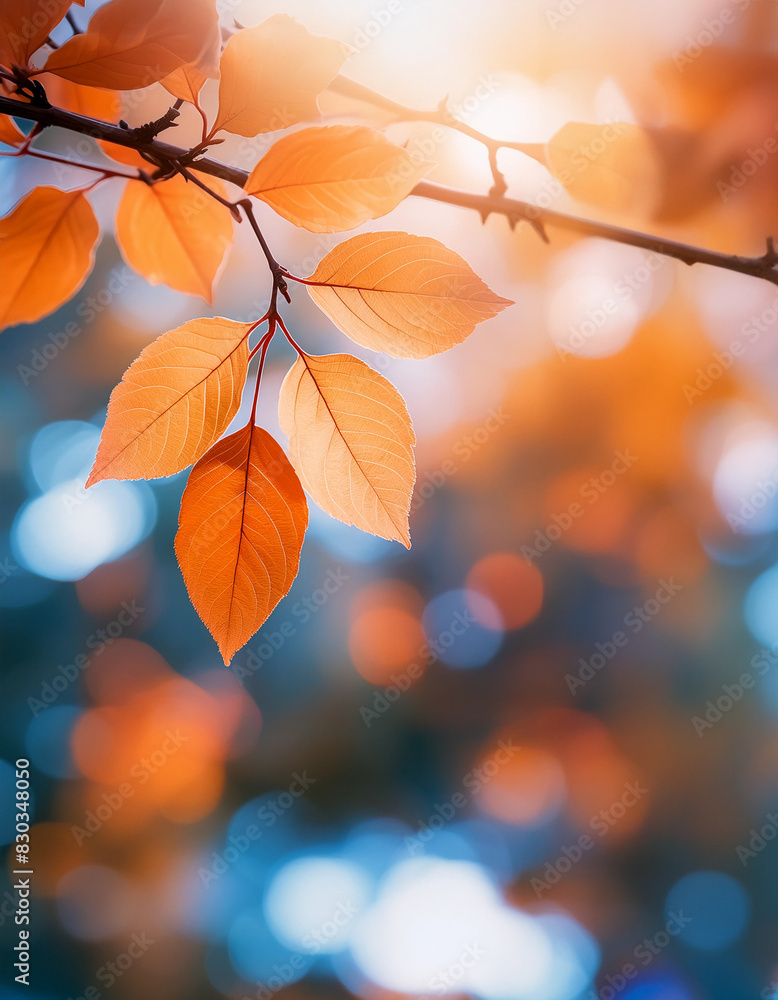 Red and orange autumn leaves on the branches against the background of the turquoise sky. Very superficial focus. Generative AI. Red and orange autumn leaves on the branches against the background of the turquoise sky. Very superficial focus. Generative AI.