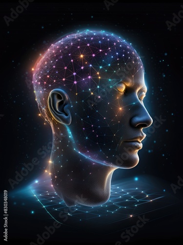 Neural network, cyber robot head, 3d render illustration. © HAKKI ARSLAN