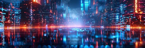 Futuristic city technology with digital glowing light reflection, smart modern mega city, neon technology background, Night life Smart futuristic city big data technology concept.