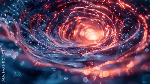 This abstract image portrays a swirling vortex illuminated by blue and red lights  giving a sense of energy and motion