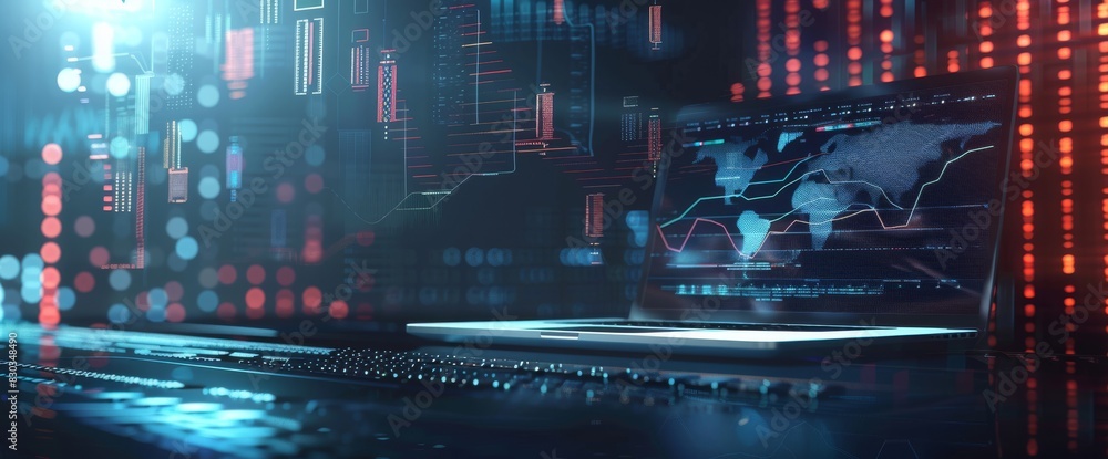 3D rendering of an advanced laptop with holographic data visualizations ...