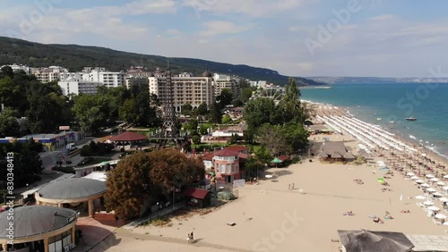 Aerial view of the beach and hotels in Golden Sands, Zlatni Piasaci. Popular summer resort near Varna, Bulgaria. Drone view from above. Summer holidays destination
 photo