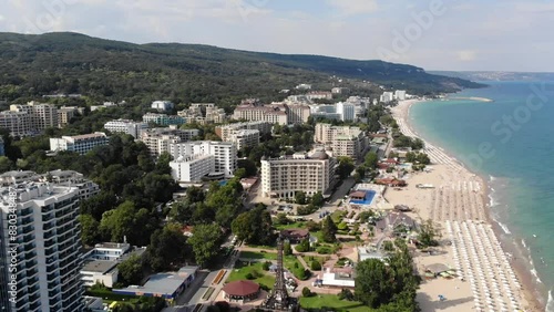 Aerial view of the beach and hotels in Golden Sands, Zlatni Piasaci. Popular summer resort near Varna, Bulgaria. Drone view from above. Summer holidays destination
 photo