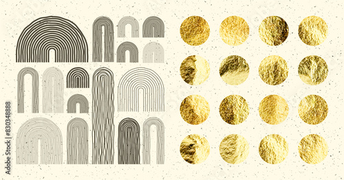 Mid century arch elements, modern geometric shapes. Gold foil, shiny handmade circles. Golden glittering texture, pattern. Contemporary design, minimalist art. Hand drawn lines. Vector illustration