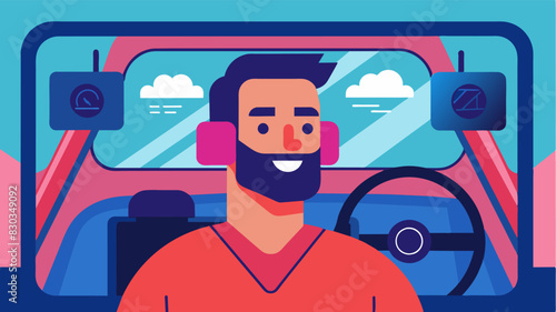 In the car a man listens to a recording of positive affirmations about his selfworth and body image.. Vector illustration