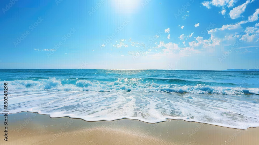 A beach with gentle waves under a clear sky, illustrating the peaceful and endless nature of freedom A beach with gentle waves under a clear sky, illustrating the peaceful and endless nature of freedom