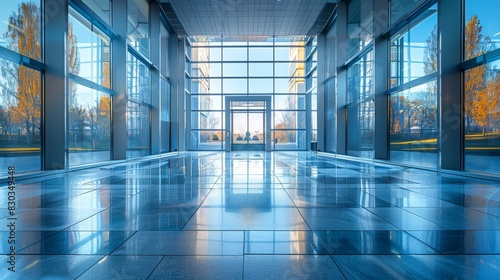 A bright contemporary building entrance with floor-to-ceiling windows and autumn foliage outside